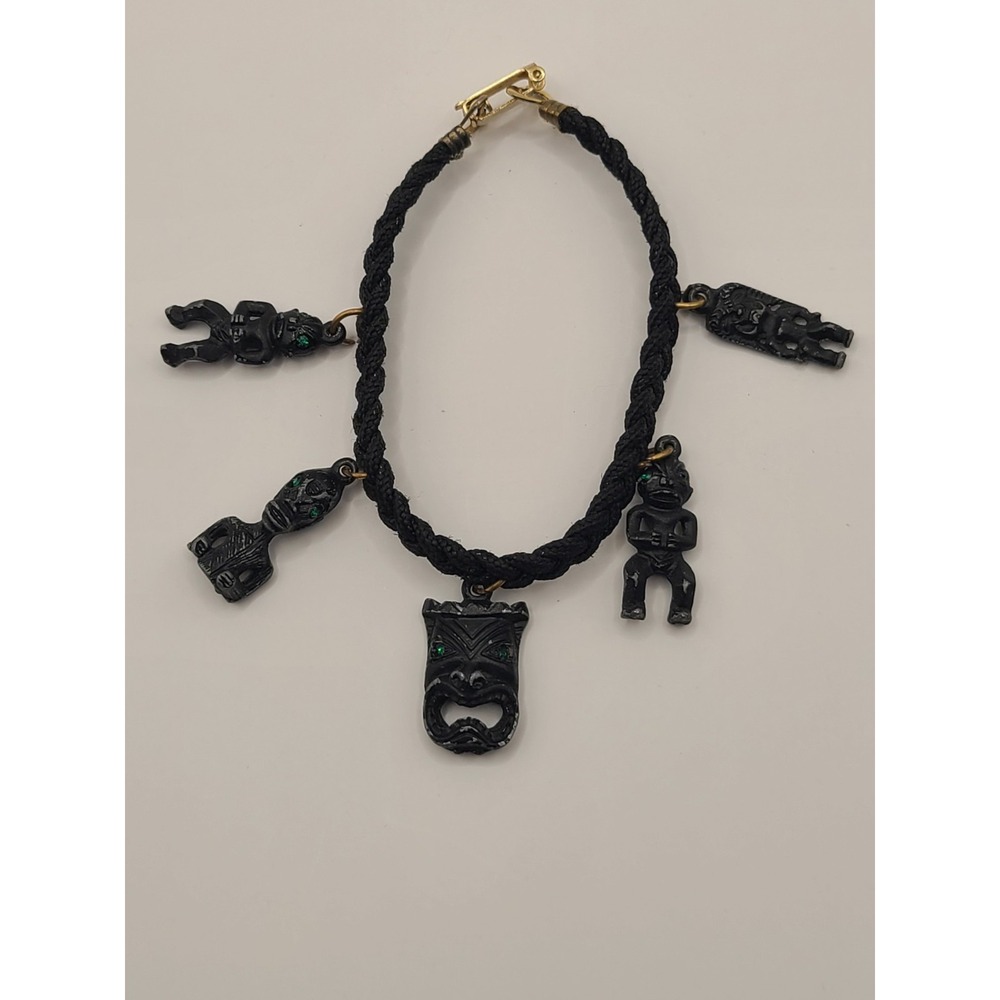 Tribal Mask Charm Bracelet Tiki Black Corded Gunmetal Green Rhinestone Eyes 6.5"